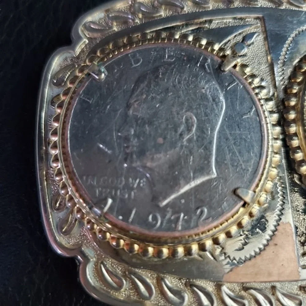 Vintage Eisenhower Dollar Belt Buckle 1972 1974 Two Tone Western Coin Buckle